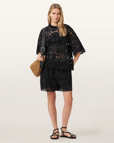 Allsaints Amelie Mid Rise Relaxed Lace Shorts In Black