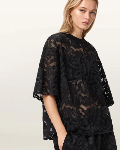 Allsaints Amelie Oversized Short Sleeve Lace T-shirt In Black