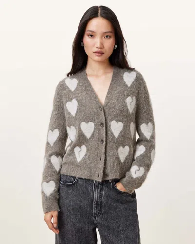 Allsaints Amora Love Heart Jacquard Brushed Jumper In Walnut Brown/grey