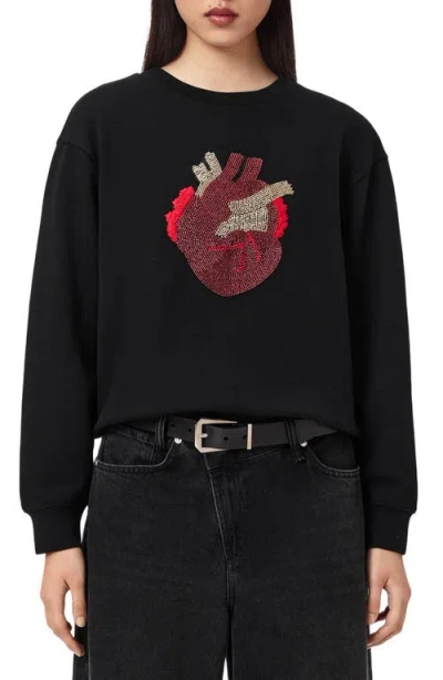 Allsaints Andrea Pippa Embellished Beaded Heart Sweatshirt In Black