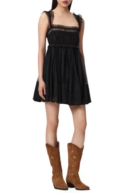 Allsaints Polyester Angela Gathered Frill Mini Dress In Black