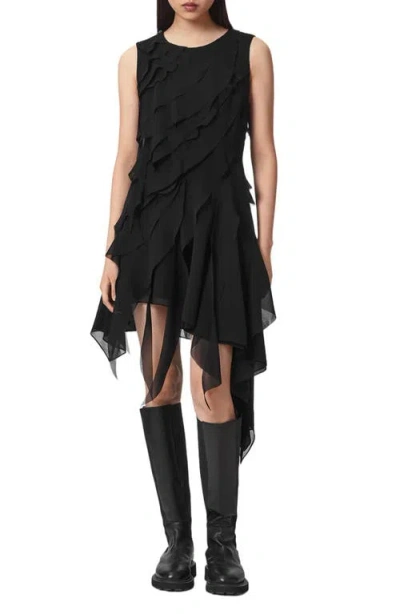 Allsaints Angie Ruffled Handkerchief Hem Dress In Black