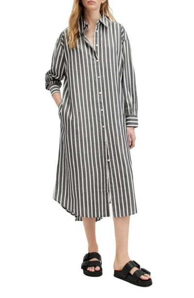 Allsaints Ani Striped Maxi Shirt Dress In Black/chalk