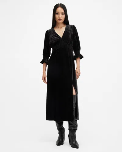 Allsaints Ani V-neck Velvet Midi Dress In Black