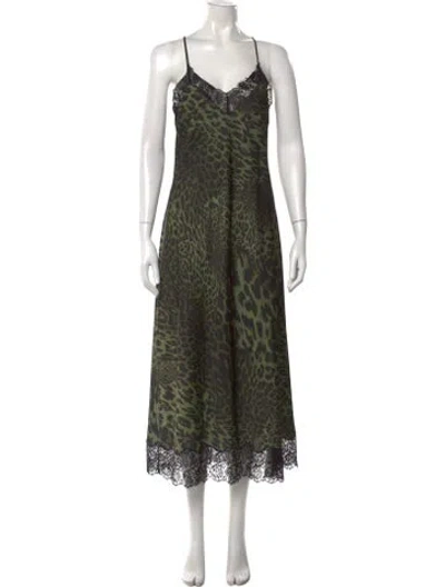 Pre-owned Allsaints Animal Print Long Dress In Green