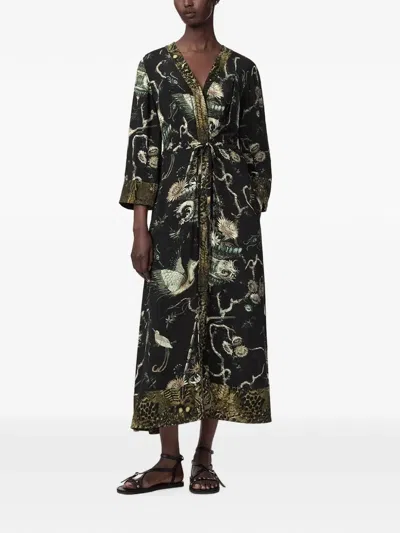 Allsaints Animal-print Graphic-print Midi Dress In Black