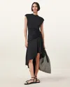 Allsaints Womens Black Annalie Asymmetric Stretch-woven Midi Dress In Black