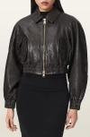 Allsaints Womens Bitter Brown Anouk Cropped Leather Bomber Jacket In Black