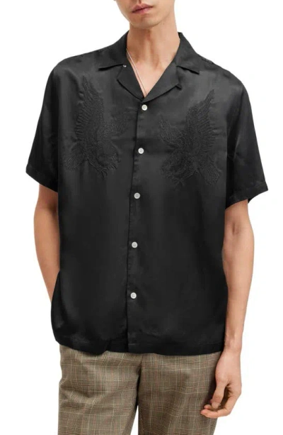 Allsaints Aquila Embroidered Relaxed Fit Shirt In Jet Black
