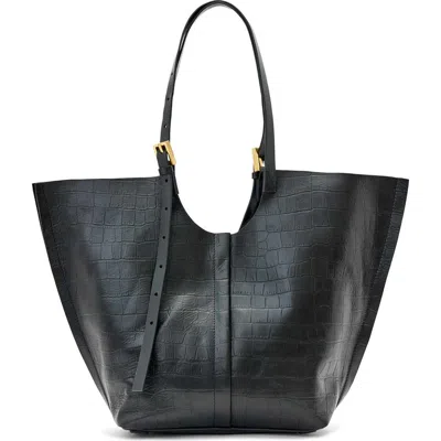Allsaints Ara Medium Croc Embossed Leather Tote In Black