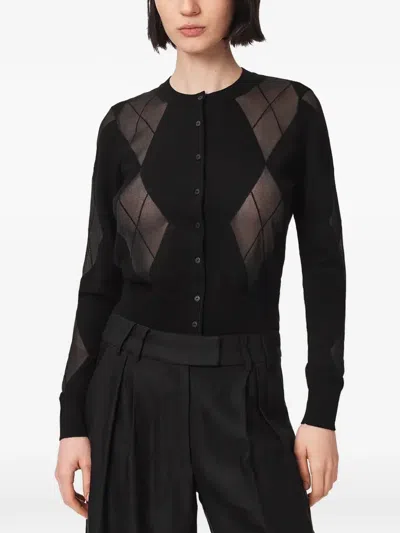 Allsaints Argyle-pattern Mesh-panel Cardigan In Black