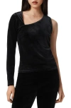 Allsaints Ari Asymmetric Single Long Sleeve Velvet Top In Black