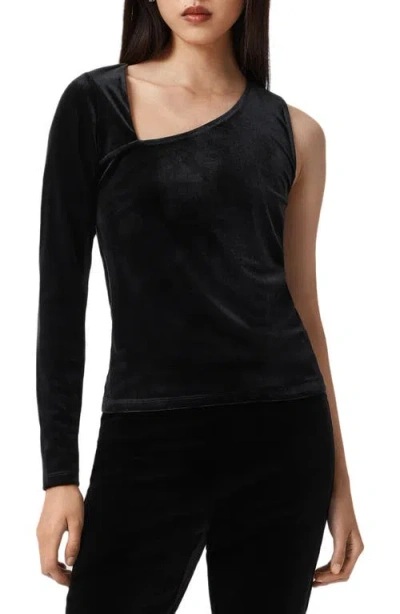 Allsaints Ari Asymmetric Single Long Sleeve Velvet Top In Black