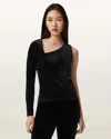 Allsaints Ari Asymmetric Single Long Sleeve Velvet Top In Black