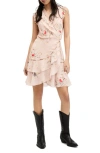 Allsaints Ari Kora Floral Print Ruffle Wrap Mini Dress In Pink In Dusty Pink