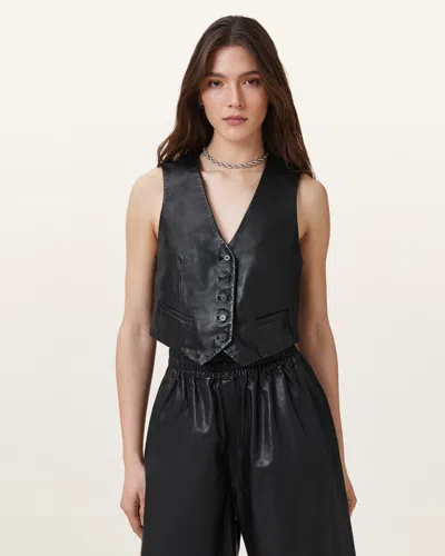 Allsaints Arla Lea Leather Waistcoat In Black