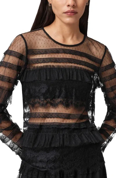 Allsaints Womens Black Arlea Lace-trim Long-sleeve Woven Top