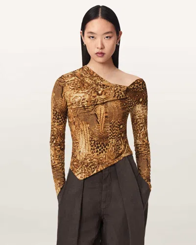 Allsaints Arlie Long Sleeve Off-the-shoulder Top In Animal Print
