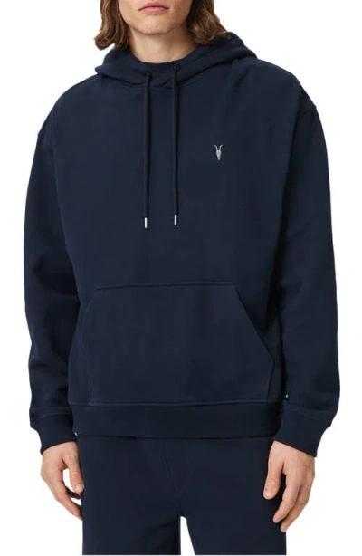 Allsaints Asher Ramskull Logo-embroidered Drawstring Hoodie In Blue