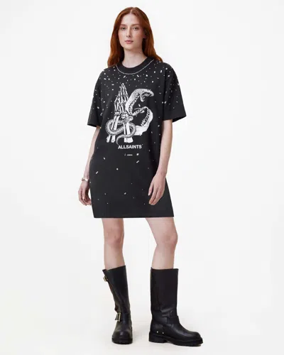 Allsaints Asp Embellished Slouchy Mini T-shirt Dress In Washed Black