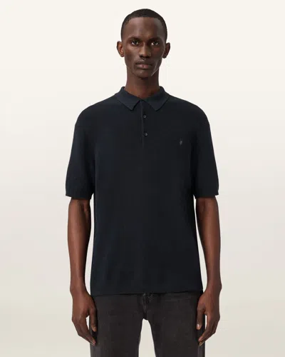 Allsaints Aspen Waffle Texture Ramskull Polo Shirt In Blue
