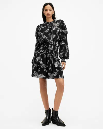 Allsaints Aubrey Sheer Frill Mini Dress In Maria Black