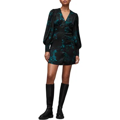Allsaints Auden Cosmic Print Long Sleeve Minidress In Emerald Green