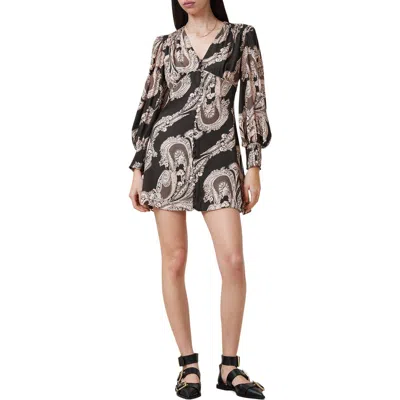 Allsaints Auden Paisley Print Long Sleeve Minidress In Black