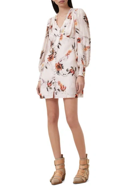 Allsaints Auden Sanibel Floral & Floral Jacquard Long Sleeve Dress In Unity Ecru White