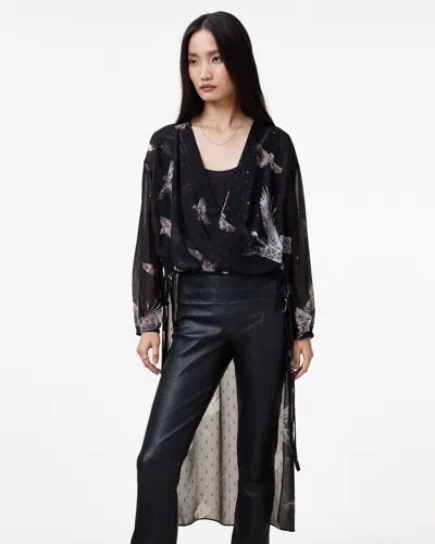 Allsaints Avala Printed Draped Top In Spell Black