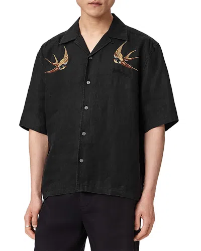 Allsaints Avia Embroidered Swallows Linen Shirt In Black