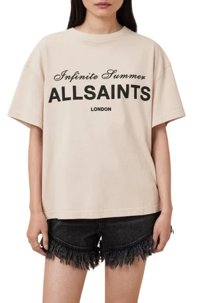 Allsaints Avri Logo Slit Back Graphic T-shirt In Cement Grey