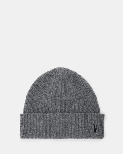 Allsaints Bailey Wool Ramskull Embroidered Beanie In Ultimate Grey