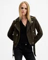 Allsaints Balfern Belted Suede Biker Jacket In Tarmac Green