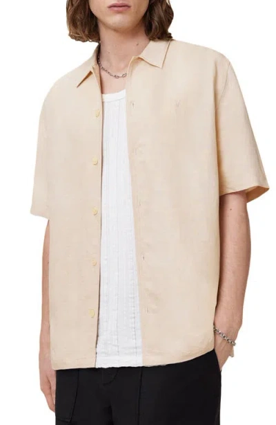 Allsaints Bandol Short Sleeve Linen Blend Button-up Shirt In Neutral