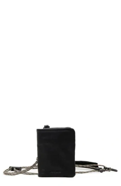Allsaints Bartlett Leather Lanyard Card Case In Black
