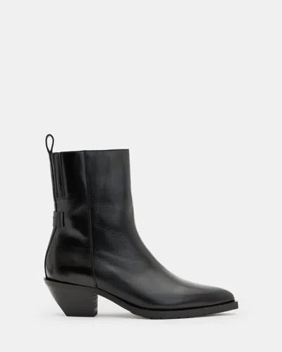 Allsaints Bazely Pointed Toe Leather Boots In Black Shine