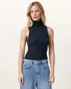 Allsaints Bec Roll Neck Tank Top In Black Oyster Blue