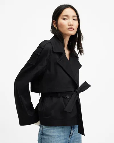 Allsaints Beckette Cropped Belted Trench Coat In Black