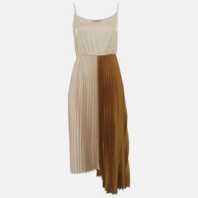 Pre-owned Allsaints Beige/gold Satin Asymmetric Jessie 2-in-1 Dress M In Sand
