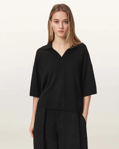 Allsaints Bern Short Sleeve Woven Wool Polo In Black