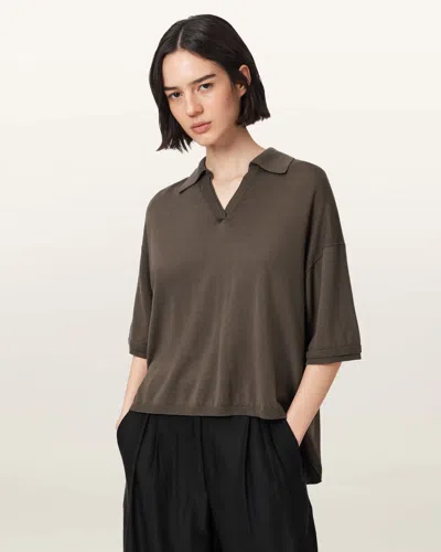 Allsaints Bern Short Sleeve Woven Wool Polo In Green