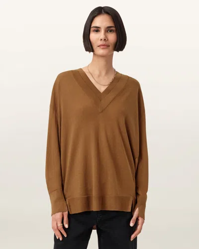Allsaints Bern V-neck Wool Jumper In Brown
