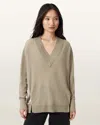 Allsaints Womens Taupe Grey Bern V-neck Contrast-panel Merino-wool Jumper Xs In Gray