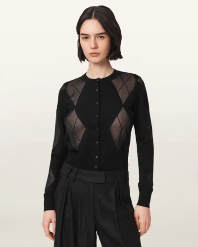 Allsaints Bern Wool Blend Argyle Cardigan In Black