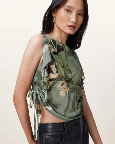 Allsaints Bettie Floral Print Adjustable Drawcord Top In Emerge Olive G