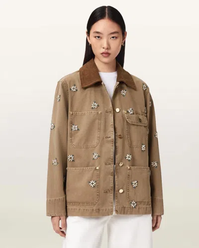 Allsaints Bex Embellished Denim Jacket In Brown