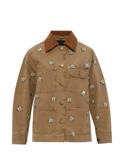 Allsaints Bex Floral Embroidered Cord Collar Denim Jacket In Brown