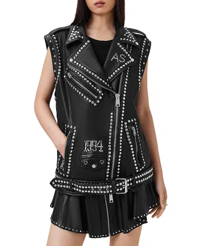 Allsaints Billie Embellished Leather Vest In Black