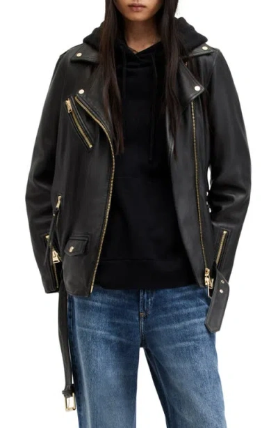 Allsaints Billie Leather Oversized Biker Jacket In Black/gold